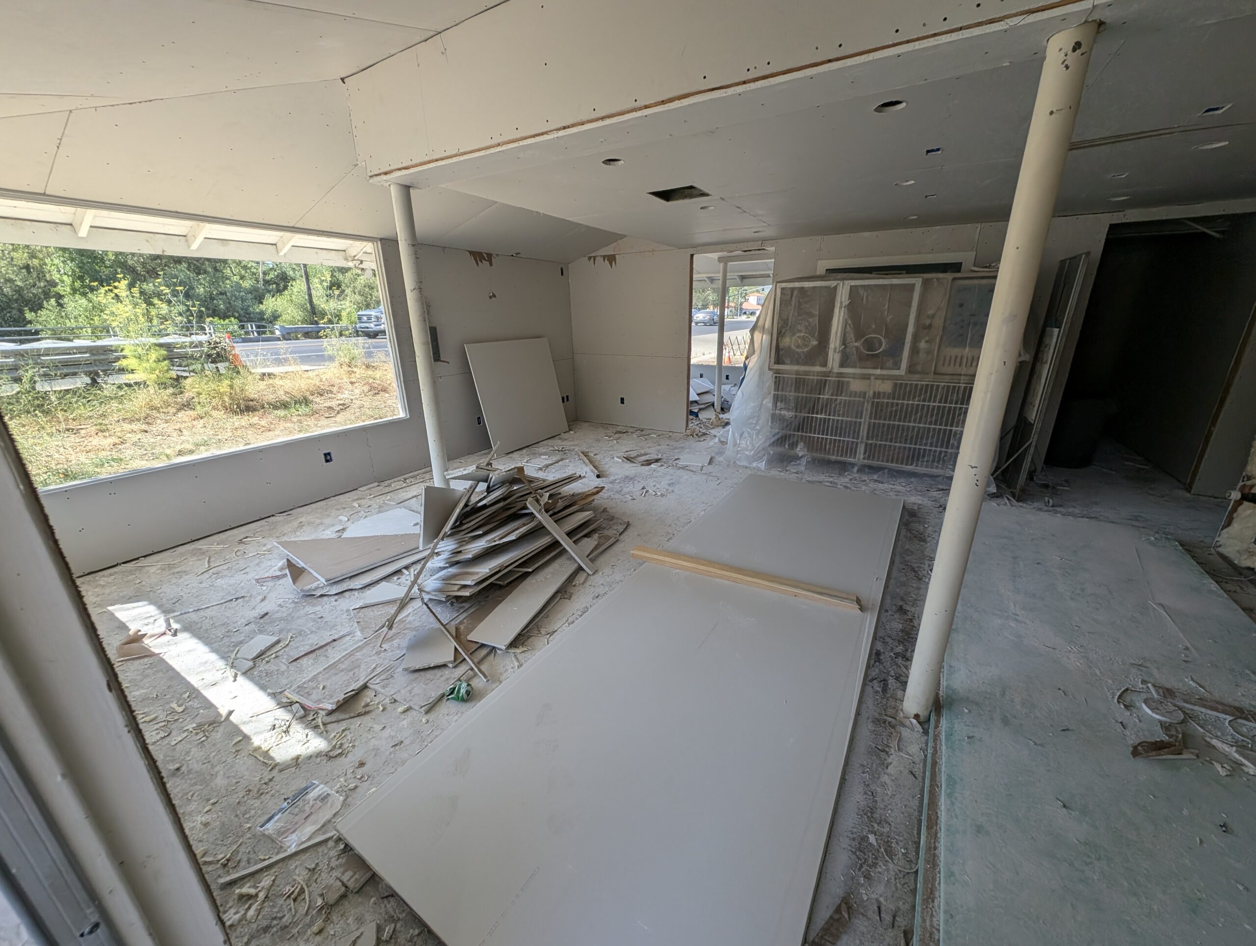 A room filled with various construction equipment