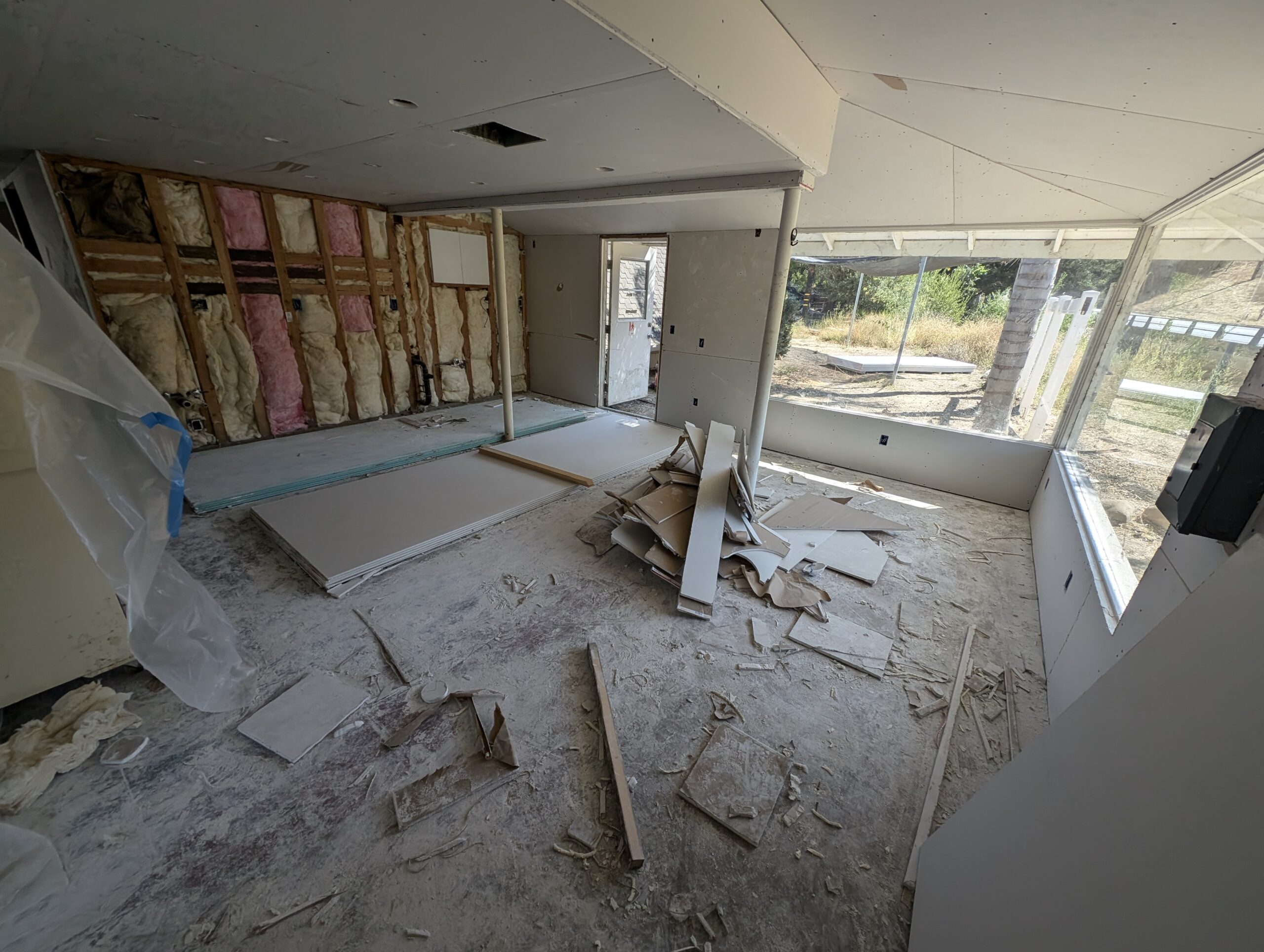 A room filled with various construction materials